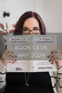 photo of teresa stone, the blended mama, holding an open book (atomic habits) advertising a monthly book club